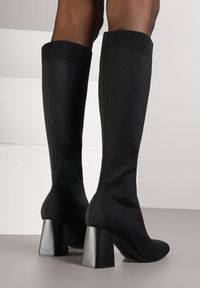Born2be - Czarne Eleganckie Kozaki VICES na Słupku ze Skarpetkową Cholewką Mialles. Okazja: na spotkanie biznesowe, do pracy, na co dzień. Kolor: czarny. Materiał: jeans. Szerokość cholewki: normalna. Obcas: na słupku. Styl: elegancki. Wysokość obcasa: średni