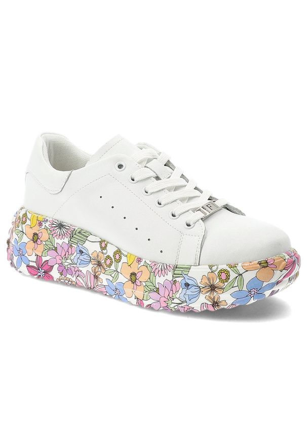 Sneakersy damskie Filippo, cholewka ze skóry naturalnej licowej z klasycznym sznurowaniem i delikatną perforacją po bokach, masywna platforma z dekor. Okazja: na co dzień. Kolor: biały. Materiał: skóra. Szerokość cholewki: normalna. Wzór: gładki, nadruk, kolorowy, kwiaty. Obcas: na platformie