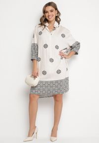Born2be - Beżowa Wiskozowa Sukienka Ozdobiona Geometrycznym Wzorem Nalanessa. Okazja: na co dzień. Kolor: beżowy. Materiał: wiskoza. Wzór: geometria, aplikacja. Styl: klasyczny, casual, elegancki. Długość: mini #5