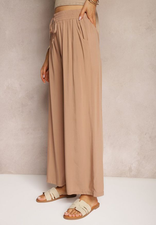 Renee - Beżowe Bawełniane Spodnie Kuloty High Waist z Gumką w Pasie Vimarielle. Okazja: do pracy, na spotkanie biznesowe. Stan: podwyższony. Kolor: beżowy. Materiał: bawełna. Styl: elegancki, biznesowy