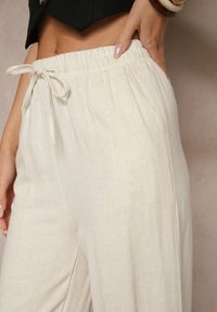 Renee - Jasnobeżowe Lniane Spodnie High Waist z Wiskozą o Szerokim Fasonie Zellimia. Okazja: na co dzień. Stan: podwyższony. Kolor: beżowy. Materiał: wiskoza, len. Styl: casual