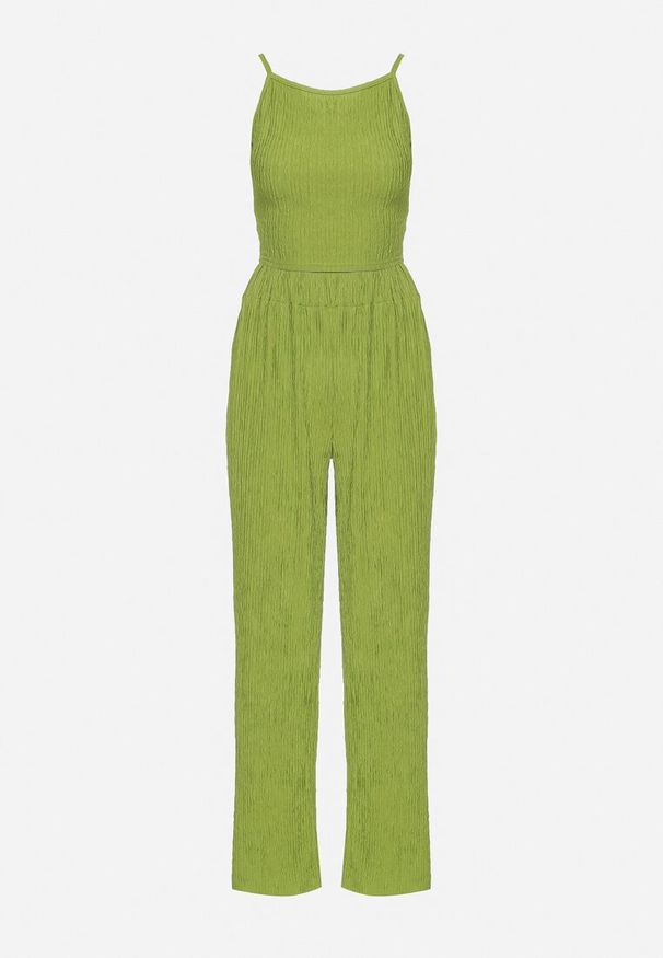 Born2be - Jasnozielony Komplet z Prążkowanego Materiału Koszula Top i Szerokie Spodnie Ratels. Kolor: zielony. Materiał: prążkowany, materiał