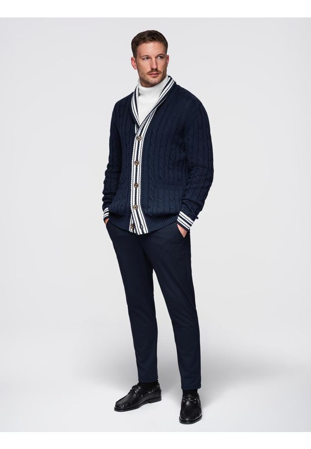 Ombre Clothing - Sweter męski kardigan z szalowym kołnierzem w stylu preppy - granatowy V4. Kolor: niebieski. Materiał: materiał, prążkowany, bawełna. Wzór: ze splotem. Styl: elegancki, klasyczny