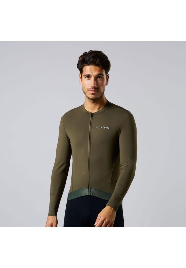 ACELERA - Męska koszulka kolarska Thermo Fleece z długim rękawem. Kolor: zielony. Materiał: polar. Długość rękawa: długi rękaw. Długość: długie. Sport: kolarstwo