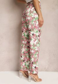 Renee - Różowo-Białe Spodnie w Kwiatowy Print High Waist z Szeroką Nogawką Lastaria. Stan: podwyższony. Kolor: różowy. Materiał: tkanina. Wzór: nadruk, kwiaty #4