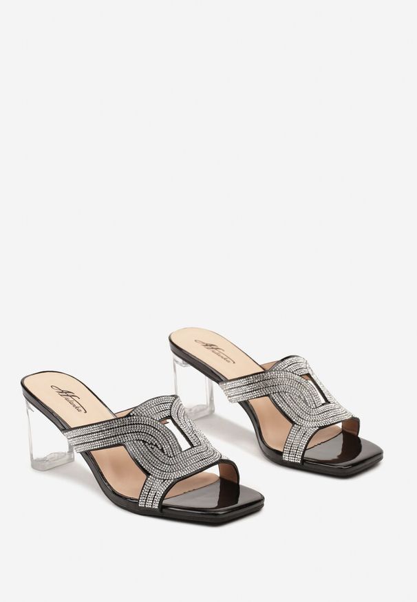 Born2be - Czarne Klapki na Transparentnym Słupku z Cyrkoniami Akuarina. Okazja: na co dzień. Kolor: czarny. Obcas: na słupku. Styl: wizytowy, elegancki, casual