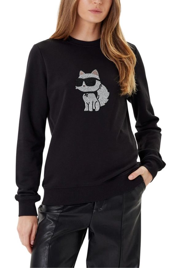 Karl Lagerfeld - KARL LAGERFELD Bluza czarna damska z cyrkoniami Ikon RS, Rozmiar XS. Okazja: na co dzień. Kolor: czarny. Materiał: bawełna. Wzór: aplikacja. Styl: casual, elegancki, klasyczny