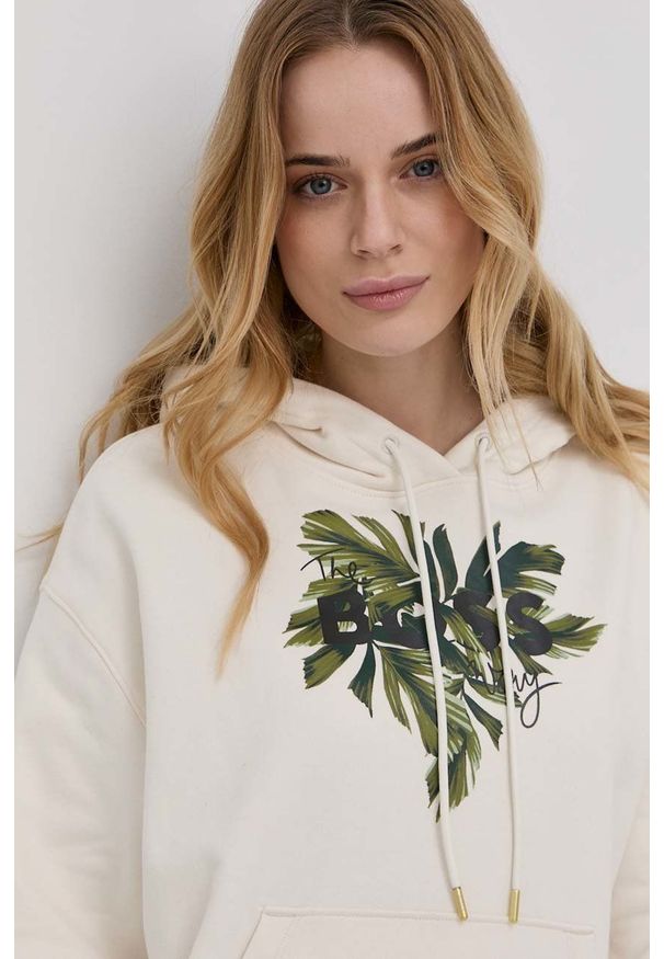 BOSS - Boss bluza bawełniana kolor beżowy. Typ kołnierza: kaptur. Kolor: beżowy. Materiał: bawełna. Długość rękawa: długi rękaw. Długość: długie. Wzór: nadruk