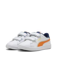 Puma - Dziecięce sneakersy Smash 3.0 Playdate PUMA White Orange Glo. Kolor: pomarańczowy, biały, wielokolorowy, żółty. Sport: turystyka piesza