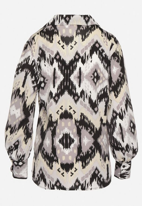 Born2be - Beżowo-Czarna Koszula z Bufiastymi Rękawami w Etno Wzór Ithilwen. Kolor: beżowy. Styl: etno