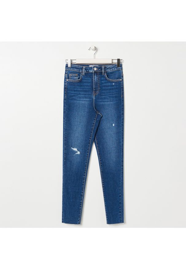 Sinsay - Jeansy skinny high-waist - Granatowy. Stan: podwyższony. Kolor: niebieski