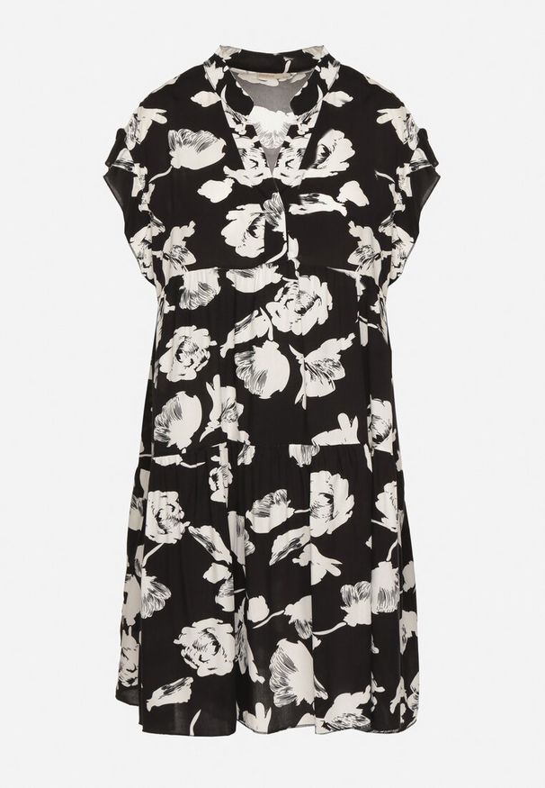 Born2be - Czarna Bawełniana Sukienka o Kroju Oversize w Kwiaty Liralea. Okazja: na spacer, na co dzień. Kolor: czarny. Materiał: bawełna. Wzór: kwiaty. Typ sukienki: oversize. Styl: klasyczny, casual