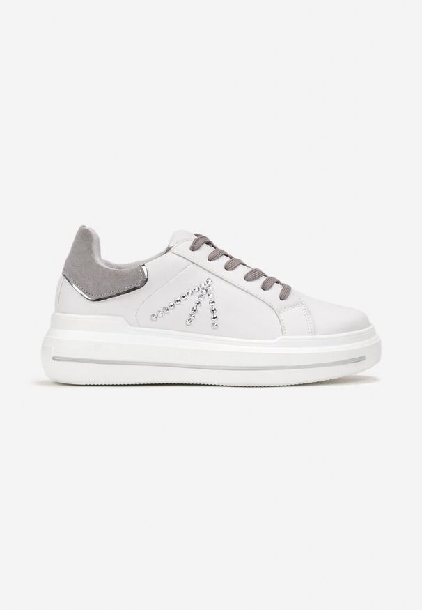 Renee - Biało-Szare Sneakersy w Cyrkonie na Grubej Podeszwie Nicala. Nosek buta: okrągły. Zapięcie: sznurówki. Kolor: biały. Materiał: materiał. Obcas: na obcasie. Wysokość obcasa: niski
