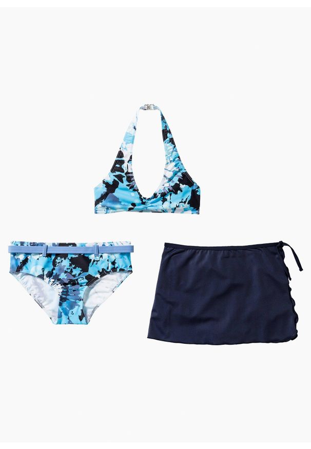 bonprix - Bikini + spódniczka (3 części). Kolor: niebieski. Materiał: prążkowany, tkanina, materiał