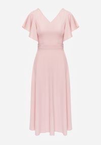 Renee - Różowa Sukienka o Rozkloszowanym Kroju z Falbanami Bouchard. Typ kołnierza: dekolt w kształcie V. Kolor: różowy. Materiał: tkanina. Wzór: jednolity, gładki. Styl: wizytowy, klasyczny. Długość: maxi #8