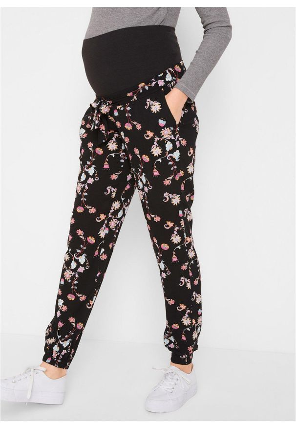 bonprix - Lekkie spodnie ciążowe z wiskozy, Loose Fit. Kolekcja: moda ciążowa. Kolor: czarny. Materiał: wiskoza. Wzór: kwiaty