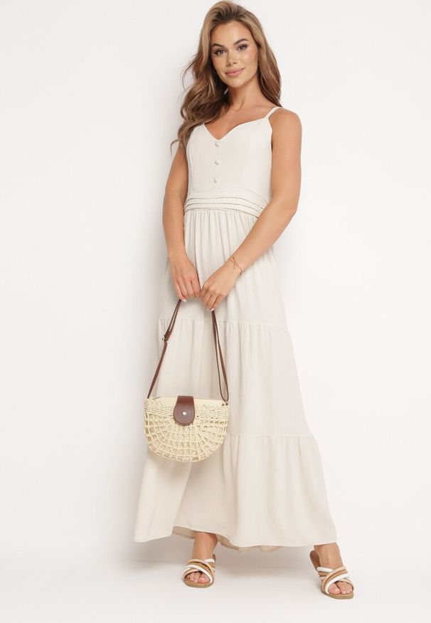 Born2be - Jasnobeżowa Sukienka na Regulowanych Ramiączkach z Gumką w Pasie Ebisina. Okazja: na co dzień. Kolor: beżowy. Długość rękawa: na ramiączkach. Sezon: lato. Styl: casual, elegancki