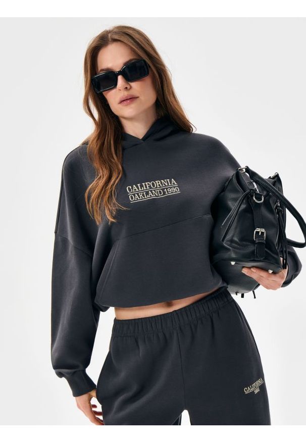 Sinsay - Bluza hoodie z haftowanym napisem - szary. Kolor: szary. Wzór: napisy, haft