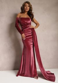 Renee - Różowa Asymetryczna Sukienka Maxi z Ozdobnym Marszczeniem i Trenem Cirielle. Kolor: fioletowy. Typ sukienki: asymetryczne. Długość: maxi #1