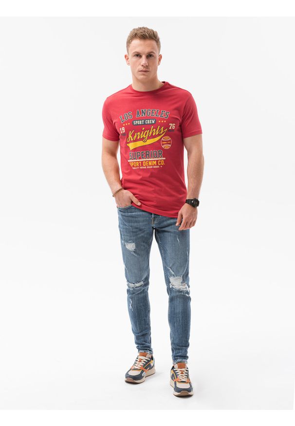 Ombre Clothing - T-shirt męski z nadrukiem S1434 V-23C - czerwony - XXL. Kolor: czerwony. Materiał: bawełna. Wzór: nadruk. Styl: klasyczny