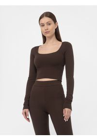 4f - 4F Longsleeve crop-top slim gładki damski XL. Okazja: na co dzień. Kolor: brązowy. Materiał: dzianina, materiał, wiskoza. Długość rękawa: długi rękaw. Wzór: gładki. Styl: casual
