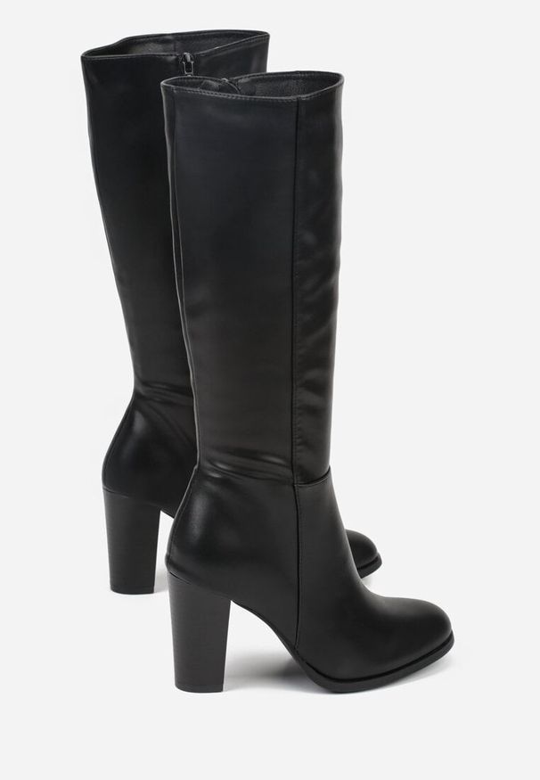 Renee - Czarne Eleganckie Kozaki VICES na Słupkowym Obcasie z Cholewką do Kolana Unenela. Kolor: czarny. Materiał: satyna, koronka, jeans. Szerokość cholewki: normalna. Obcas: na obcasie. Styl: elegancki. Wysokość obcasa: średni