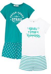 bonprix - Bawełniana piżama z krótkimi spodniami i krótkimi rękawami (4 części). Kolor: zielony. Materiał: bawełna. Długość: krótkie. Wzór: nadruk, aplikacja, napisy #1