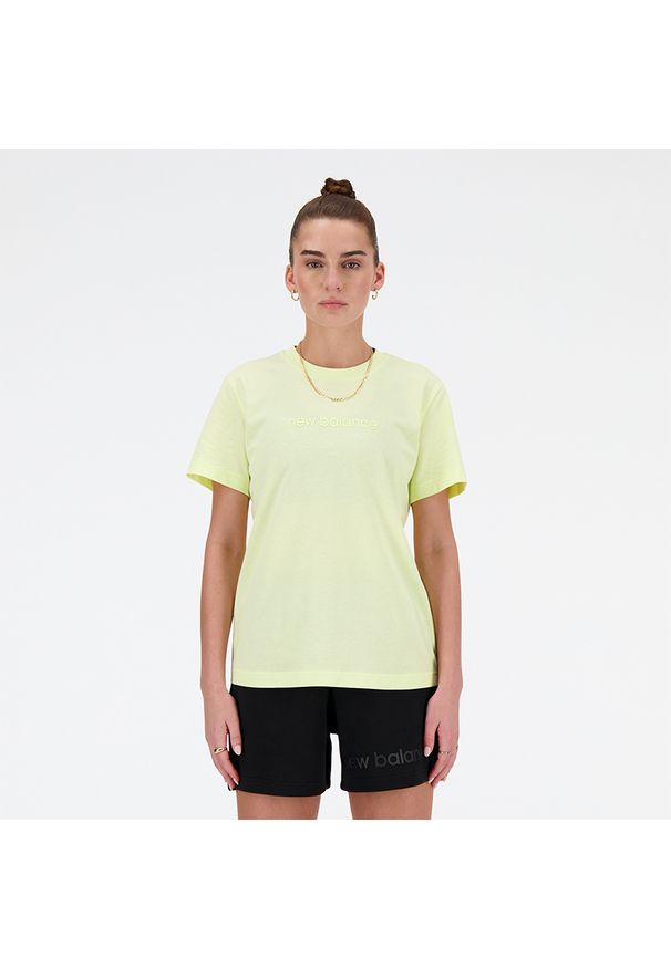 Koszulka damska New Balance WT41554LLT – zielona. Kolor: zielony. Materiał: bawełna. Długość rękawa: krótki rękaw. Długość: krótkie