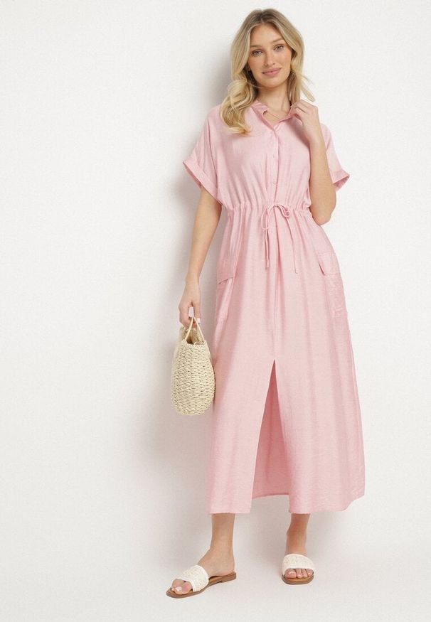 Born2be - Różowa Koszulowa Sukienka z Wiskozą z Wiązaniem w Talii Polliana. Okazja: na co dzień. Kolor: różowy. Materiał: wiskoza. Wzór: aplikacja. Typ sukienki: koszulowe. Styl: casual, klasyczny