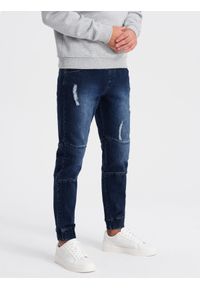 Ombre Clothing - Spodnie męskie marmurkowe JOGGERY z przetarciami - ciemnoniebieskie V1 - Rozmiar: S. Kolor: niebieski. Materiał: guma, elastan, bawełna
