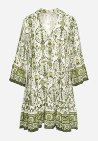 Born2be - Zielona Rozkloszowana Sukienka z Wiskozą w Ornamentalny Wzór Ravapia. Okazja: na spacer, na co dzień. Typ kołnierza: dekolt w kształcie V. Kolor: zielony. Materiał: wiskoza. Sezon: lato. Styl: casual #3