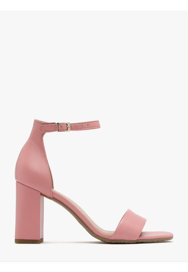 Ryłko - Dwuczęściowe różowe sandały na słupku DAGA. Kolor: różowy. Materiał: skóra. Obcas: na słupku. Wysokość obcasa: średni