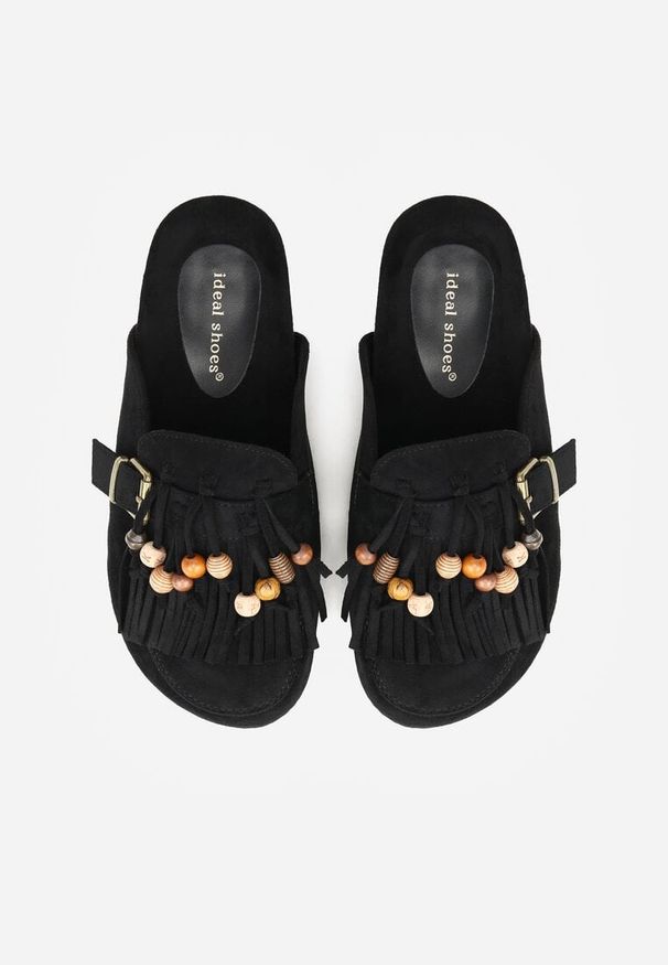 Born2be - Czarne Klapki na Grubej Podeszwie z Frędzlami Klamrami i Koralikami Glysnell. Okazja: do pracy, na co dzień, na spacer. Kolor: czarny. Wzór: haft. Sezon: lato. Styl: elegancki, casual