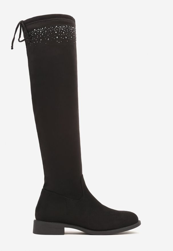 Renee - Czarne Kozaki Muszkieterki na Płaskiej Podeszwie Ozdobione Cyrkoniami i Sznurkiem Floralind. Okazja: na spacer. Kolor: czarny. Materiał: dzianina, jeans, skóra. Wzór: aplikacja. Obcas: na płaskiej podeszwie. Styl: elegancki. Wysokość obcasa: niski