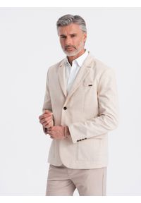 Ombre Clothing - Męska marynarka o kroju REGULAR z lnem - kremowa V1. Okazja: do pracy. Kolor: kremowy. Materiał: len. Wzór: aplikacja. Styl: klasyczny, elegancki #5