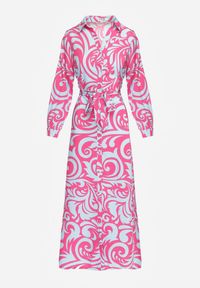 Renee - Fuksjowo-Niebieska Sukienka Koszulowa Maxi z Materiałowym Paskiem w Abstrakcyjny Print Lirans. Kolor: niebieski. Materiał: materiał. Wzór: nadruk. Typ sukienki: koszulowe. Długość: maxi #4