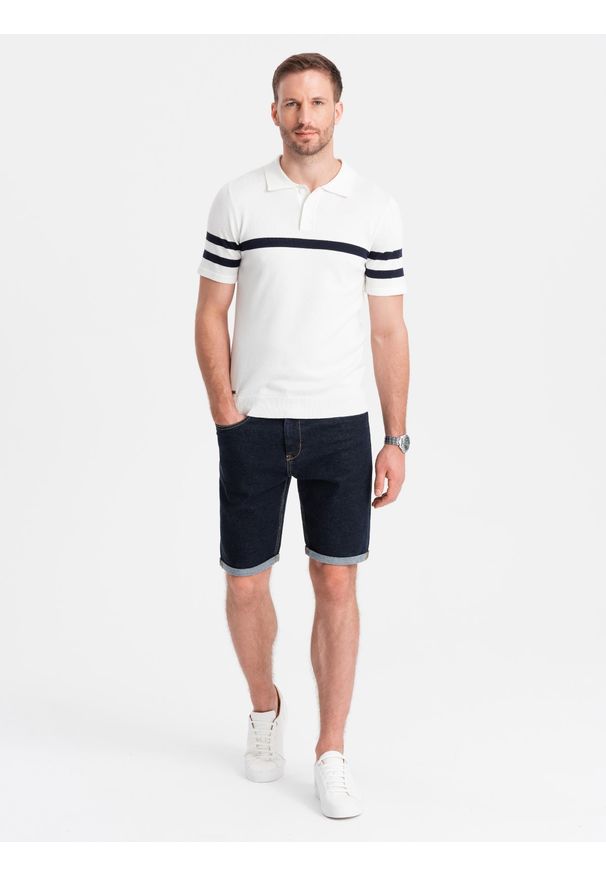 Ombre Clothing - Męskie szorty jeansowe z podwiniętymi nogawkami – granatowe V1 - Rozmiar: S. Okazja: na co dzień. Kolor: niebieski. Materiał: jeans. Długość: krótkie. Wzór: aplikacja, ze splotem. Sezon: lato. Styl: casual, elegancki