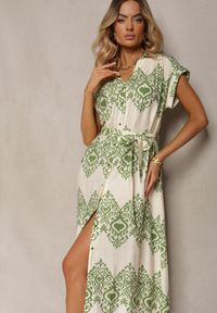 Renee - Zielono-Beżowa Sukienka Boho na Guziki z Wiskozą Ozdobiona Paskiem Mosofia. Okazja: na co dzień. Kolor: zielony. Materiał: wiskoza. Wzór: aplikacja. Sezon: lato. Typ sukienki: proste. Styl: boho