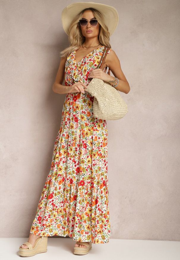 Renee - Żółto-Pomarańczowa Kopertowa Sukienka w Kwiaty o Rozkloszowanym Fasonie Maxi z Falbanką Seneora. Kolor: żółty. Wzór: kwiaty. Typ sukienki: kopertowe. Długość: maxi