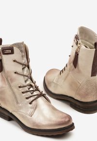 Born2be - Złote Botki Workery ze Sznurowaniem i Zapięciem na Suwak Vemida. Okazja: na co dzień. Zapięcie: sznurówki. Kolor: złoty. Materiał: jeans. Obcas: na obcasie. Styl: klasyczny, casual, elegancki. Wysokość obcasa: niski #3