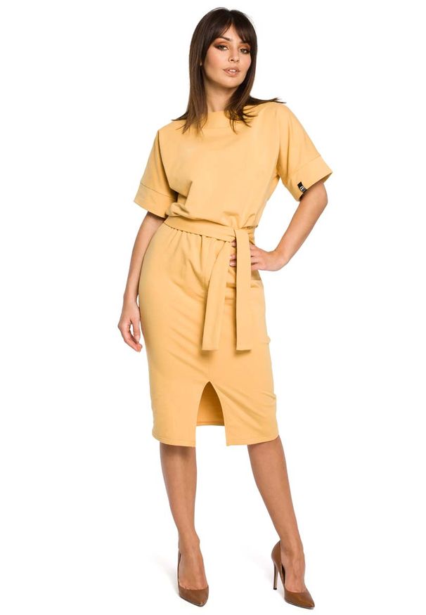MOE - Żółta Sukienka Midi z Rozcięciem na Przodzie. Kolor: żółty. Materiał: elastan, bawełna. Długość: midi