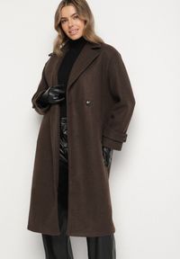 Born2be - Brązowy Dwurzędowy Płaszcz Oversize z Wełny i Wiskozy w Eleganckim Stylu Tiliavia. Okazja: na co dzień. Typ kołnierza: golf. Kolor: brązowy. Materiał: wiskoza, wełna. Wzór: aplikacja. Styl: elegancki #6