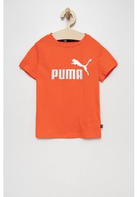 Puma t-shirt bawełniany dziecięcy kolor pomarańczowy. Kolor: pomarańczowy. Materiał: bawełna. Długość rękawa: krótki rękaw. Długość: krótkie. Wzór: nadruk