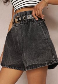 Renee - Czarne Jeansowe Szorty z Gumką w Pasie i Paskiem z Imitacji Skóry Alyssania. Stan: podwyższony. Kolor: czarny. Materiał: jeans, skóra. Sezon: lato, wiosna. Styl: klasyczny #4