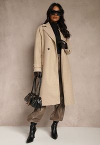 Renee - Beżowy Elegancki Płaszcz z Wełny i Wiskozy o Dwurzędowym Kroju Oversize Tilisana. Kolor: beżowy. Materiał: wiskoza, wełna. Styl: elegancki