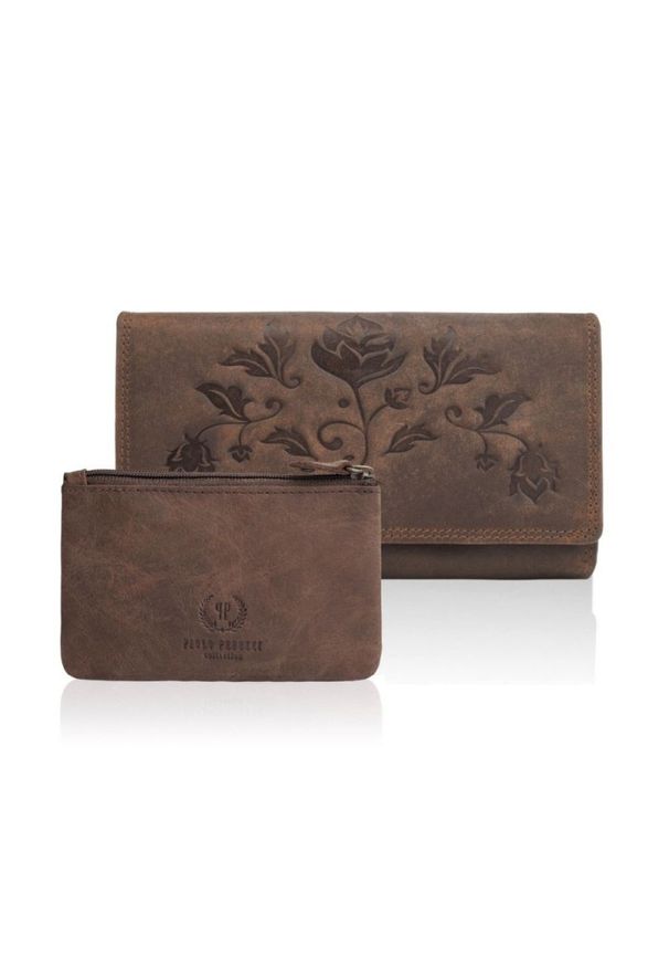 Zestaw damski ZUP-37-BR PAOLO PERUZZI brązowy. Kolor: brązowy. Materiał: skóra