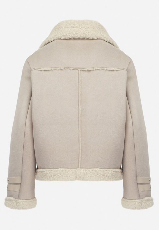 Born2be - Beżowa Kurtka Biker Ozdobiona Wstawkami z Futerka i Paskami Nonnie. Okazja: na co dzień. Kolor: beżowy. Materiał: futro. Długość rękawa: długi rękaw. Długość: długie. Wzór: aplikacja. Styl: klasyczny, casual, elegancki