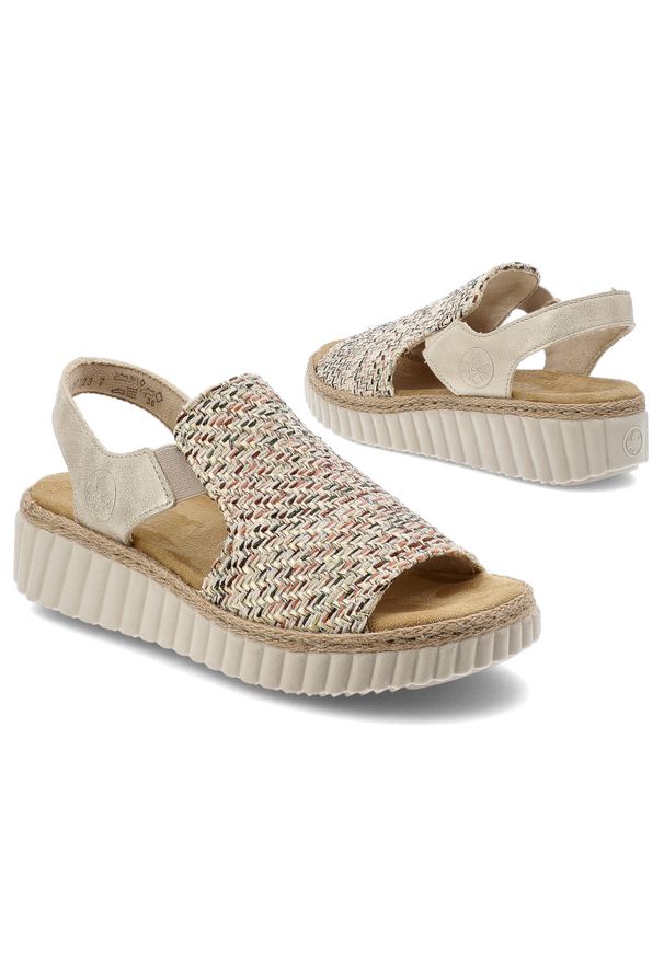 Sandały damskie Rieker, cholewka z materiału tekstylnego wsuwany fason na platformie, beżowe, 69276-60. Kolor: beżowy. Materiał: materiał. Obcas: na platformie
