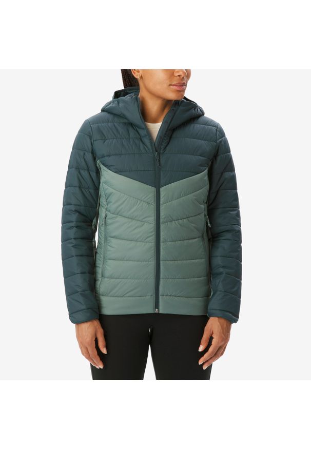 quechua - Kurtka turystyczna damska zimowa Quechua MH100. Kolor: niebieski, zielony, wielokolorowy. Materiał: tkanina, puch, poliamid, materiał. Sezon: zima. Sport: turystyka piesza