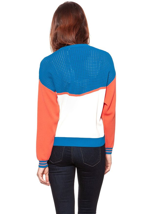 Wrangler - DAMSKI SWETER WRANGLER POINTELLE KNIT DEEP WATER W8106PXDF 112132223. Wzór: aplikacja, ażurowy. Styl: sportowy, retro